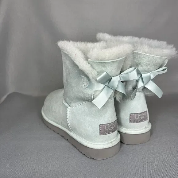 Womens Ugg Boots Sz 8 Ice Blue Bailey Bow Mini Suede Sherpa Coquette Festival - Picture 8 of 13